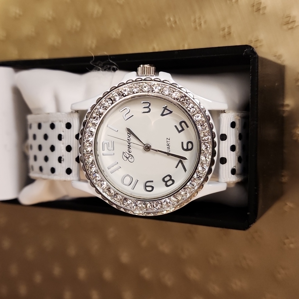 Rhinestone Black and White Polka Dot Watch